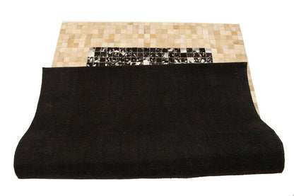 Hand-Stitched Black Beige Cowhide Leather Rug 4X6