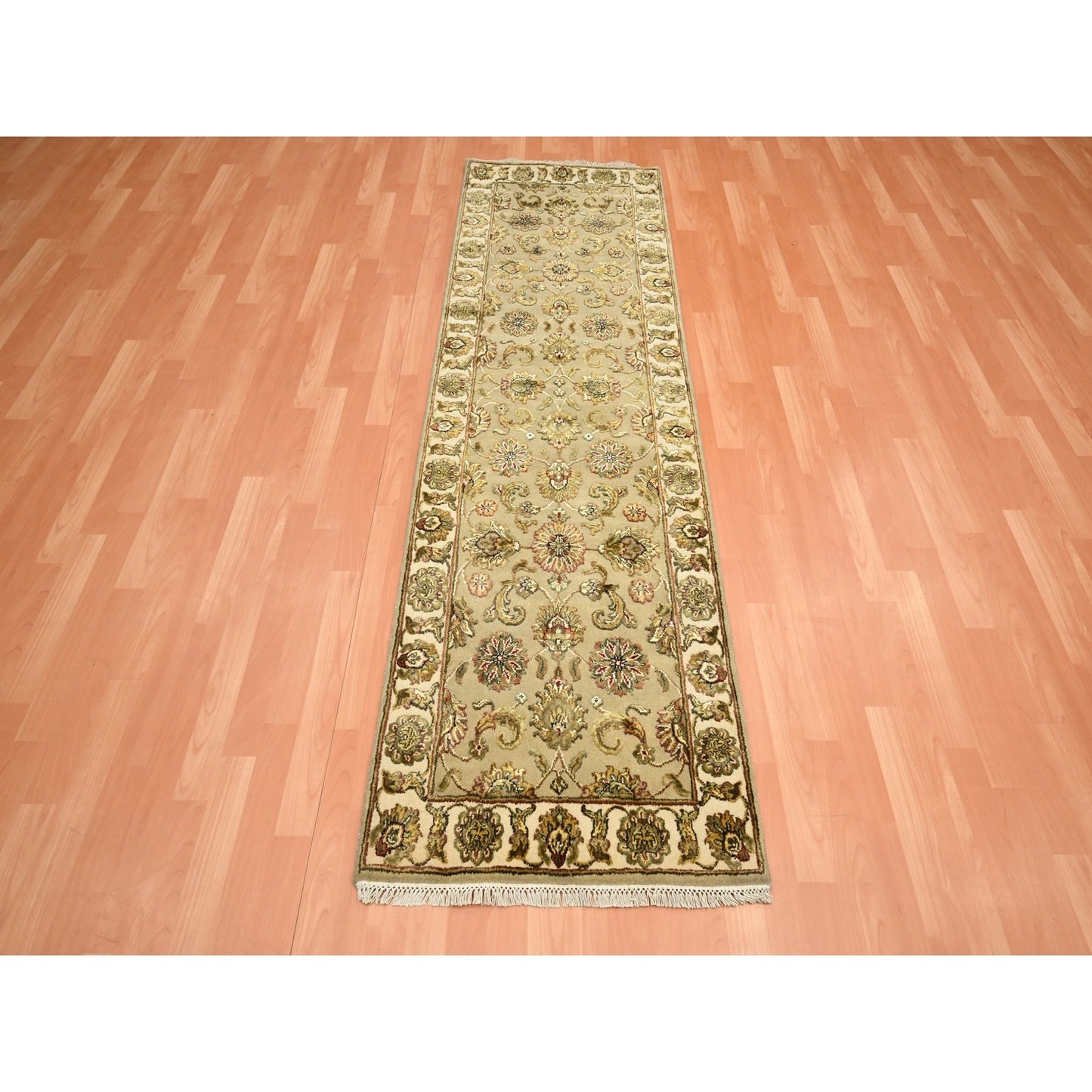 Rug 2'6"x8' Brown Rajasthan Leaf Design Hand Knotted Wool & Silk Runner