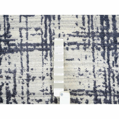 10'X13'9" Black Modern Erased Lines Design Wool And Silk Hand Loomed Rug