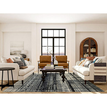 8'2"X9'9" Black Modern Lines Design Ghazni Wool Hand Knotted Rug