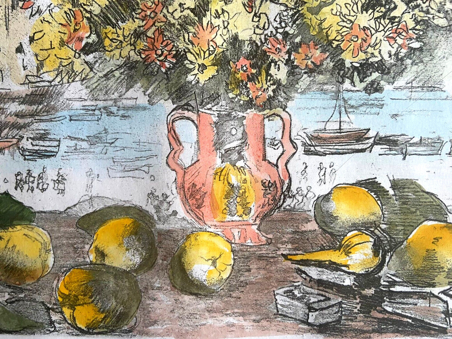 Michele Cascella "Vase Of Flowers In Portofino" Watercolor Engraving Signed