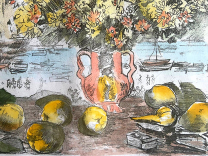 Michele Cascella "Vase Of Flowers In Portofino" Watercolor Engraving Signed