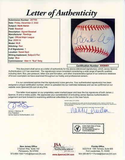 Hank Aaron Autographed Official Major League Baseball (Steiner & Jsa)