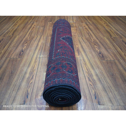 3'X12'9" Deep Red Pure Wool Hand Knotted Afghan Khamyab Runner Rug