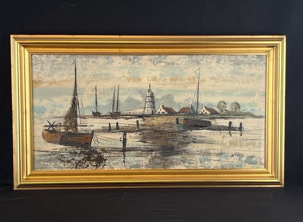 T Sterk Oil Painting Low Tide Dutch Coastal Art COA Large