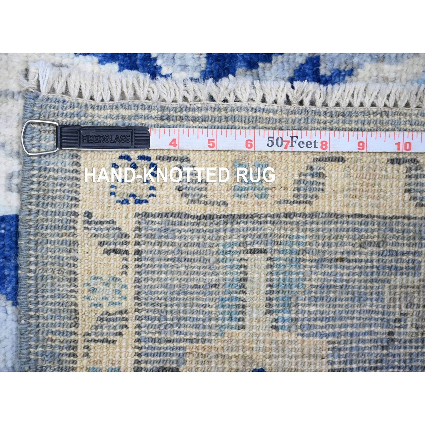 4'2"X9'5" Blue Afghan Angora Oushak Pure Wool Hand Knotted Runner Rug