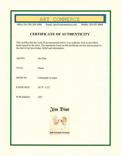 Jim Dine - Colorful Hands 1971 Original Lithograph Print Signed American Pop Art