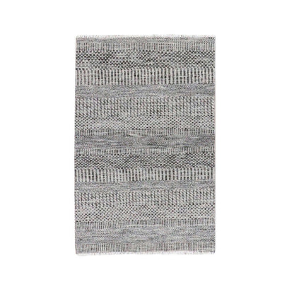 2'7"X4'1" Rustic Gray Grass Design Hand Knotted Undyed Organic Wool Rug