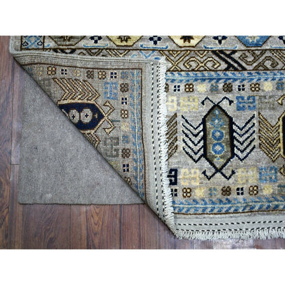 4'1"X9'7" Gray Turkeman Ersari Pure Wool Hand Knotted Wide Runner Rug