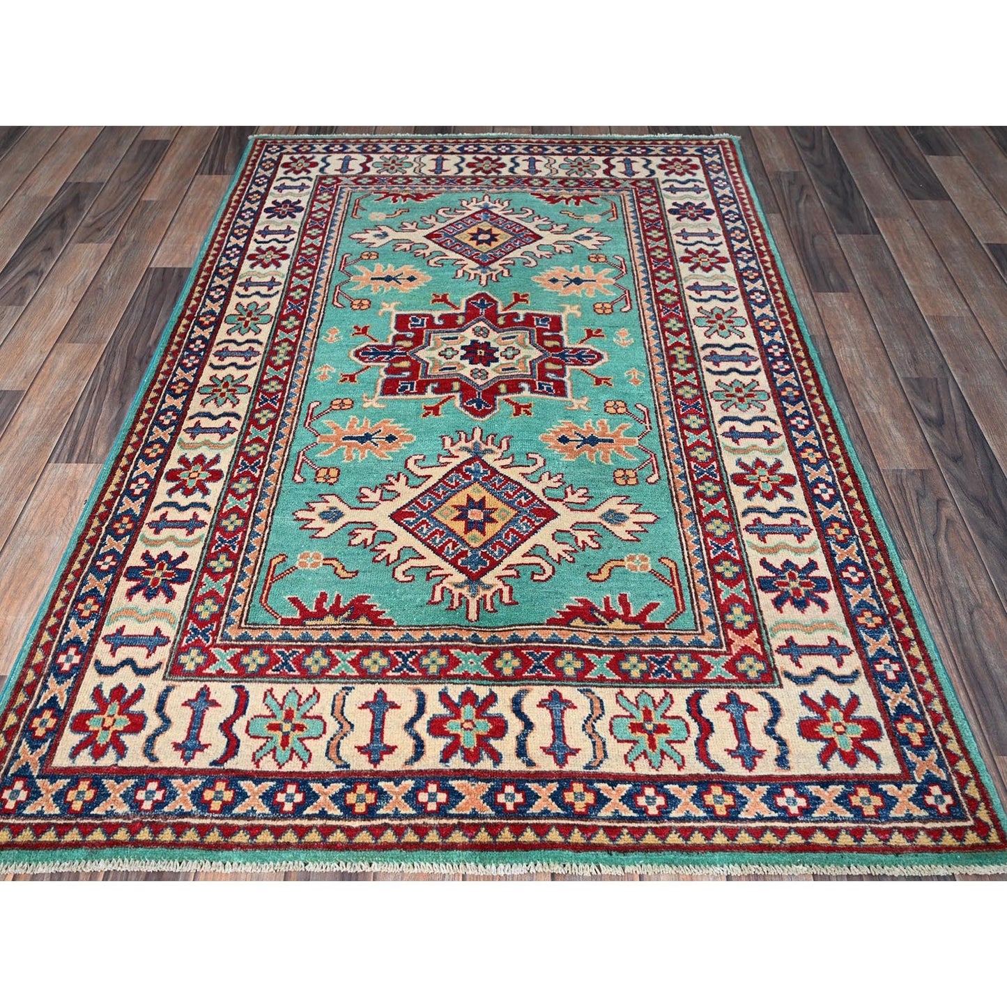 4'X5'10" Green Kazak With Tribal Medallions Design Wool Hand Knotted Rug