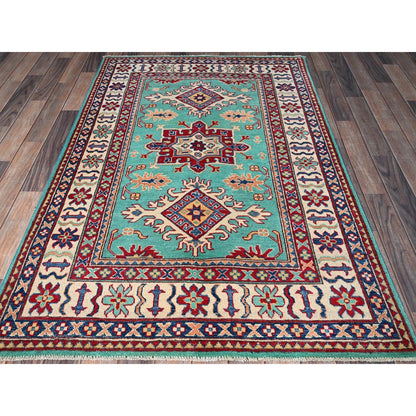 4'X5'10" Green Kazak With Tribal Medallions Design Wool Hand Knotted Rug