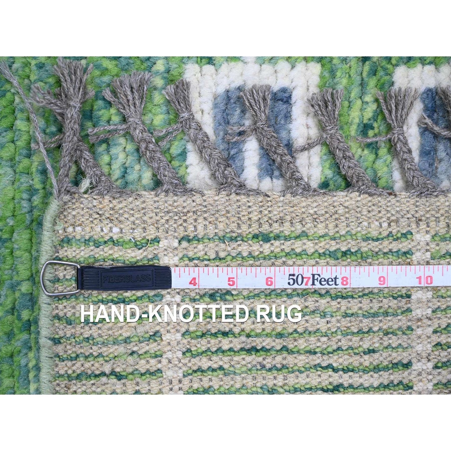 5'1"X12'3" Green Moroccan Weave Line Design Wool Hand Knotted Runner Rug