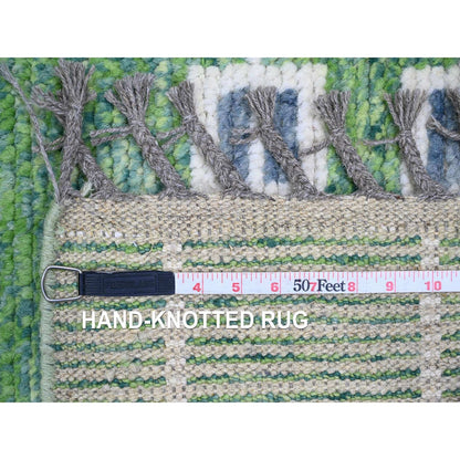 5'1"X12'3" Green Moroccan Weave Line Design Wool Hand Knotted Runner Rug