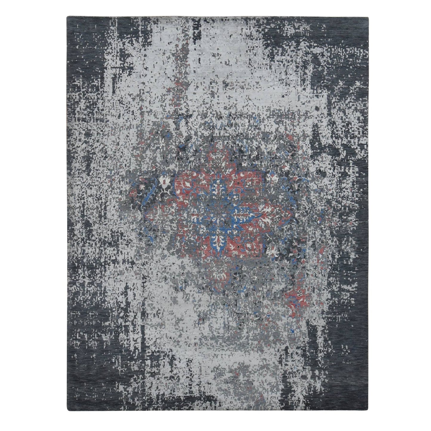 9'2"x12' Arsenic Gray Wool and Silk Erased Heris Design Hand Knotted Rug