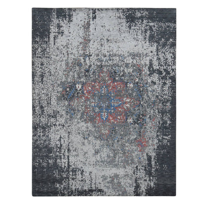 9'2"x12' Arsenic Gray Wool and Silk Erased Heris Design Hand Knotted Rug