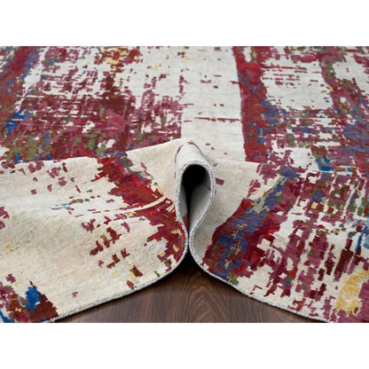 9'3"X12'2" Accessible Beige Pure Wool Abstract Design Hand Knotted Rug