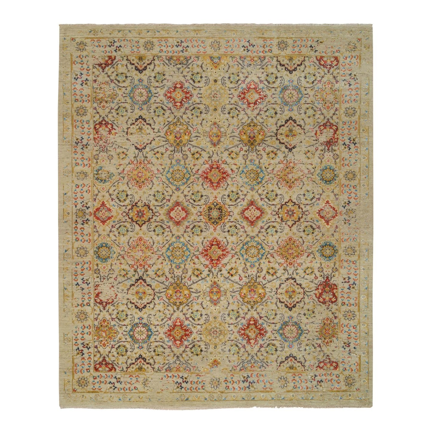 8'2"X10'2" Beige The Sunset Rosettes Hand Knotted Wool And Silk Rug