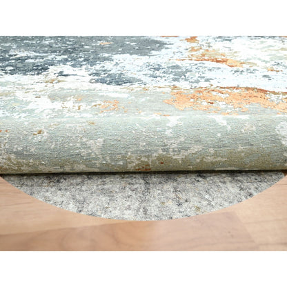 9'9"X9'9" Shades Of Gray Abstract Design Pure Wool Hand Knotted Round Rug