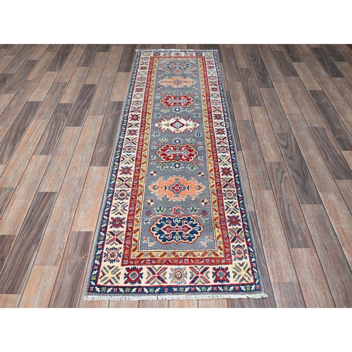2'X6'6" Gray Kazak With Tribal Design Soft Wool Hand Knotted Runner Rug