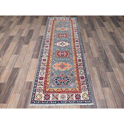 2'X6'6" Gray Kazak With Tribal Design Soft Wool Hand Knotted Runner Rug