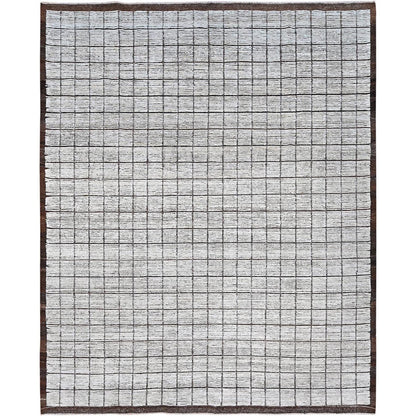 9'6"X11'8" White Moroccan Weave With Box Design 100% Wool Hand Knotted Rug