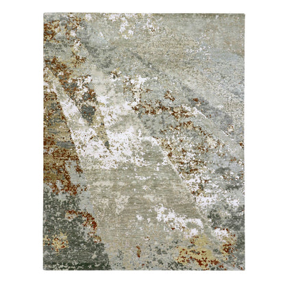 7'10"X10'1" Gray Abstract Design Pure Wool Hand Knotted Oriental Rug