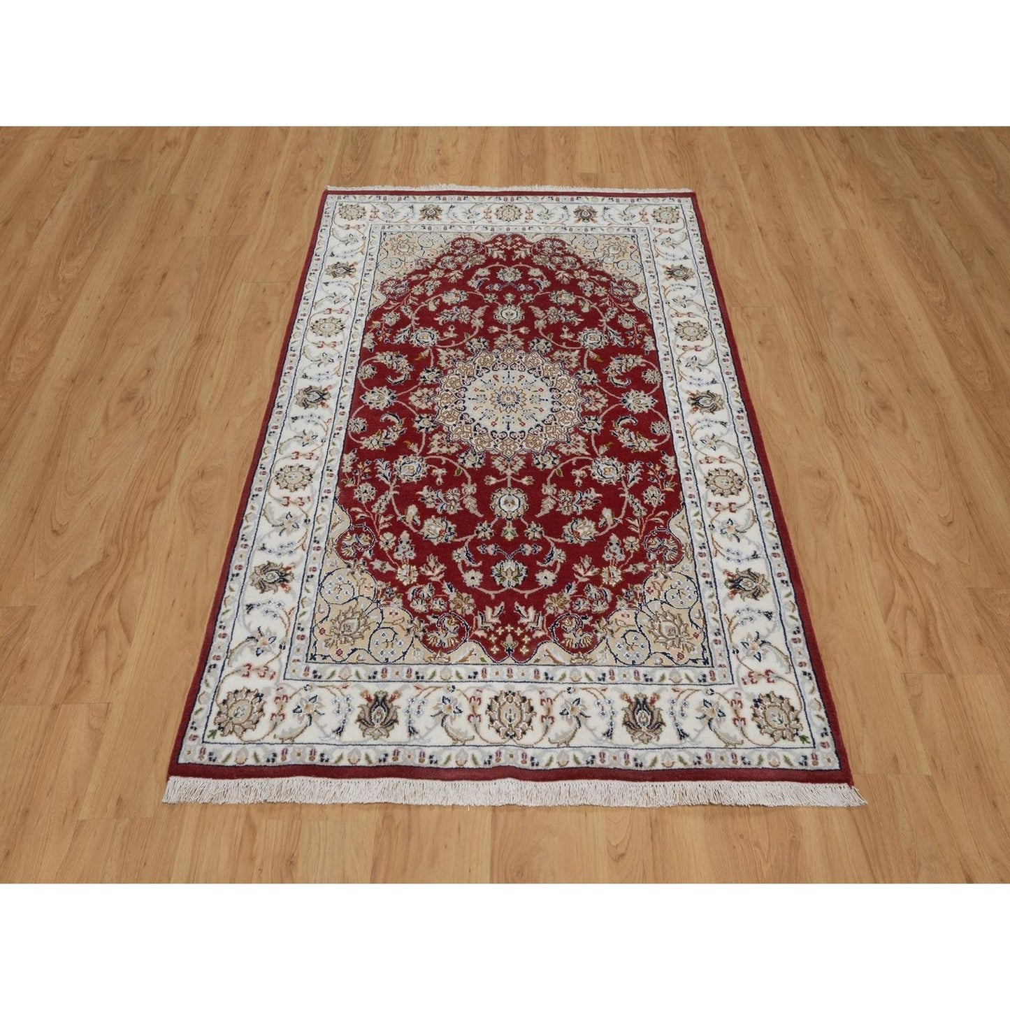 4'X6'1" Red Nain Medallion Design Hand Knotted Wool And Silk 250 Kpsi Rug