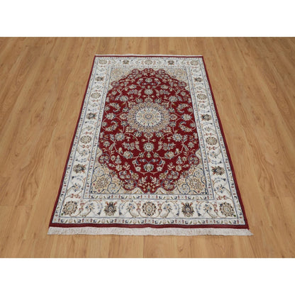 4'X6'1" Red Nain Medallion Design Hand Knotted Wool And Silk 250 Kpsi Rug
