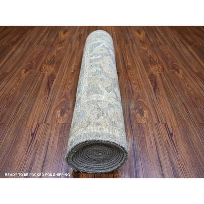 3'X15'9" Olive Gray Hand Knotted Afghan Angora Oushak Wool Xl Runner Rug