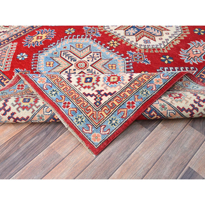 6'X8'9" Toreador Red Hand Knotted Wool Kazak Large Elements Oriental Rug