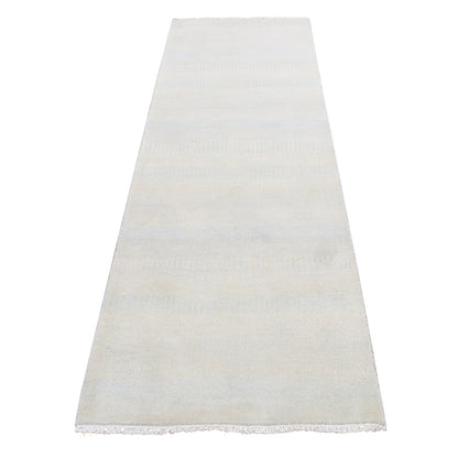 2'7"X8'4" Ivory Grass Design Gabbeh Wool And Silk Hand Knotted Runner Rug
