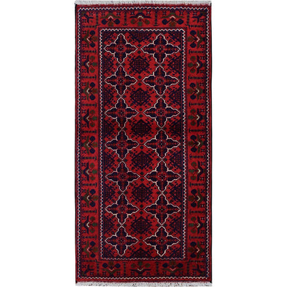 2'3"X4'8" Red Hand Knotted Geometric Afghan Khamyab Pure Wool Runner Rug