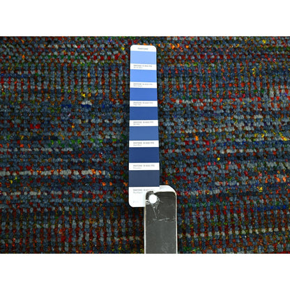 3'X10'1" Blue Wool And Silk Modern Grass Design Hand Knotted Runner Rug