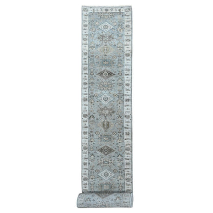 2'9"X21'10" Misty Gray Pure Wool Hand Knotted Karjihooz Design Runner Rug