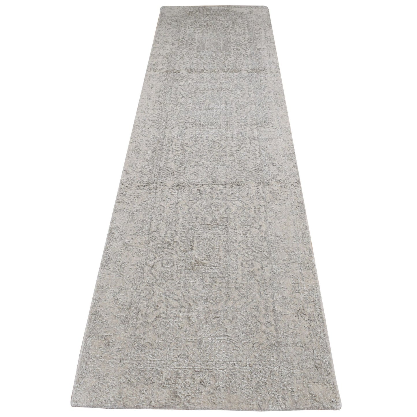 2'5"X10' White, Wool And Silk, Fine Jacquard Hand Loomed Runner Rug