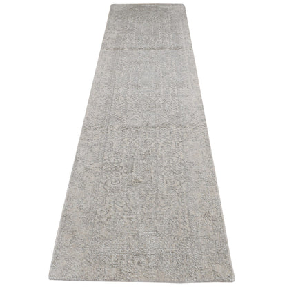 2'5"X10' White, Wool And Silk, Fine Jacquard Hand Loomed Runner Rug