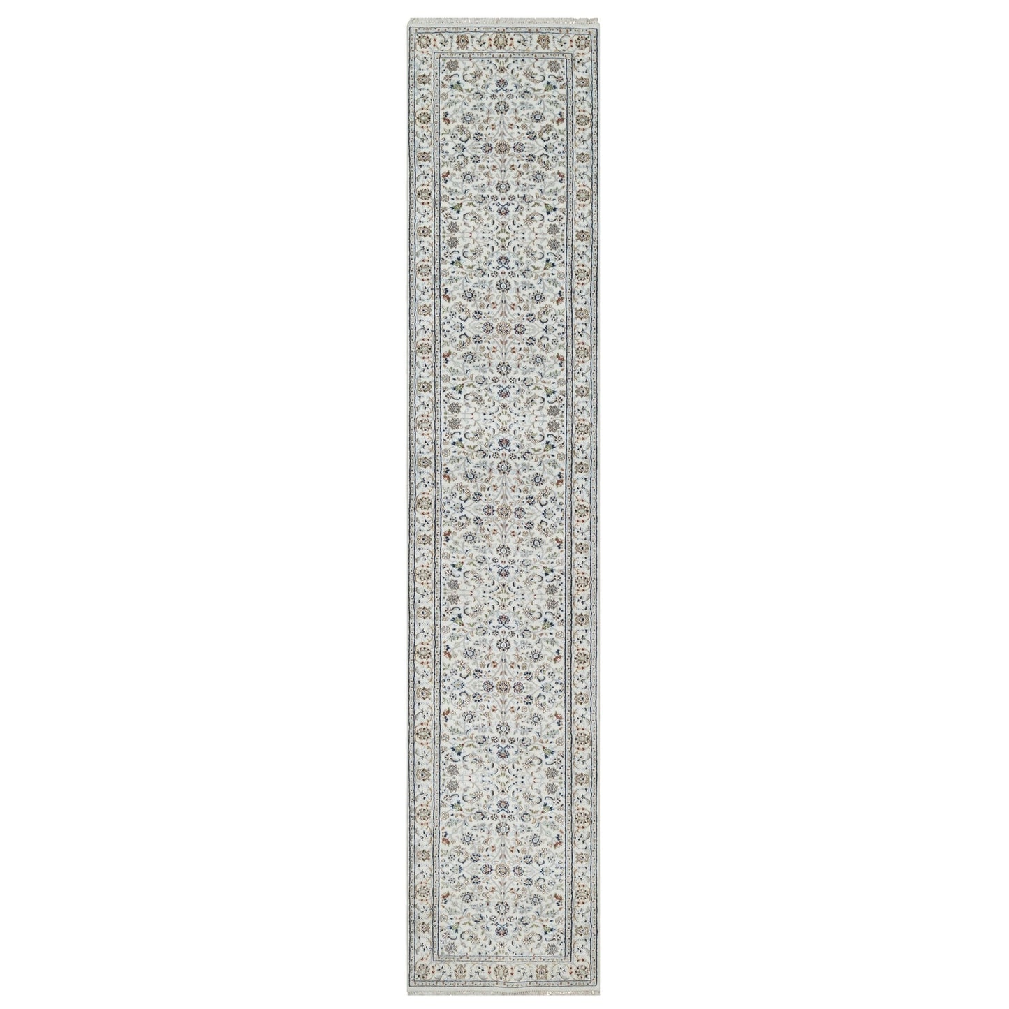2'9"X14'1" Rice White Nain Wool And Silk Hand Knotted 250 Kpsi Runner Rug