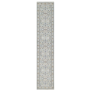 2'9"X14'1" Rice White Nain Wool And Silk Hand Knotted 250 Kpsi Runner Rug