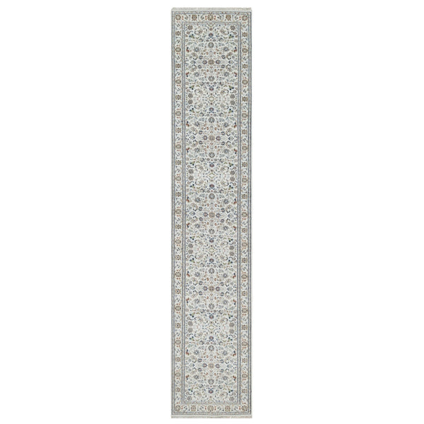 2'9"X14'1" Rice White Nain Wool And Silk Hand Knotted 250 Kpsi Runner Rug