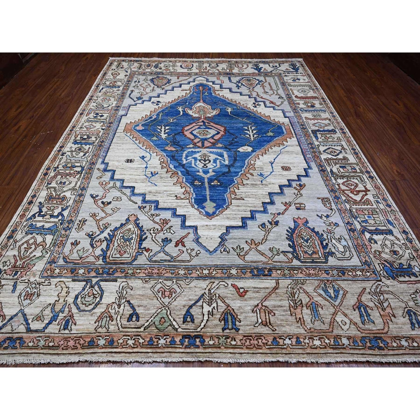 8'10"X11'9" Chrome Gray Turkish Village Motifs Hand Knotted Oriental Rug