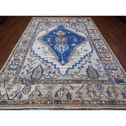 8'10"X11'9" Chrome Gray Turkish Village Motifs Hand Knotted Oriental Rug