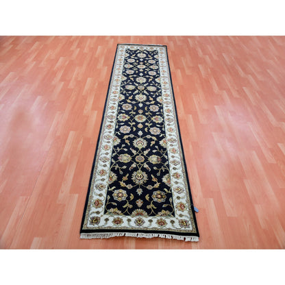 2'6"X10' Oyster Black Rajasthan Design Wool Silk Hand Knotted Runner Rug