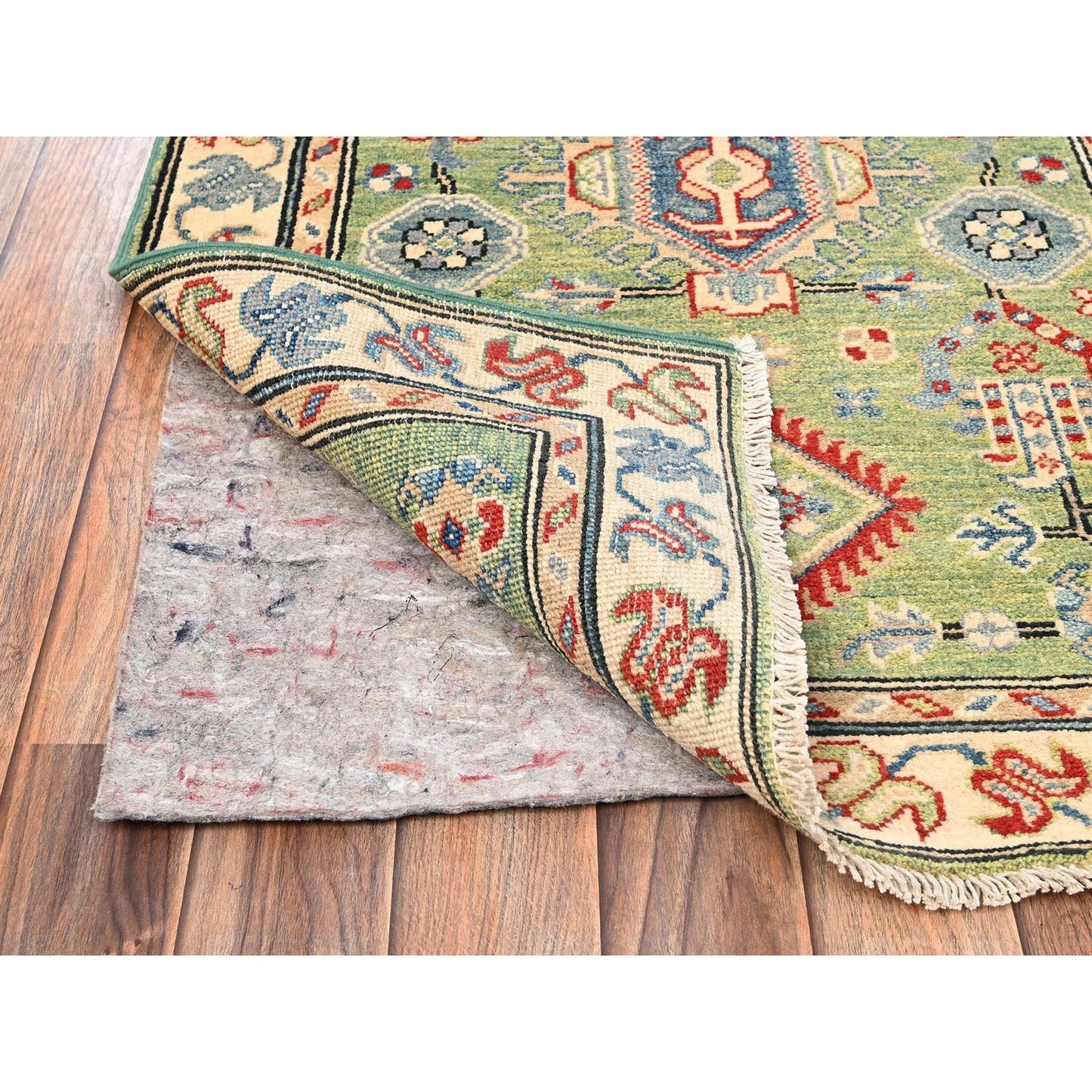 2'8"X13' Green Kazak Geometric Design Hand Knotted Rug Wool Runner