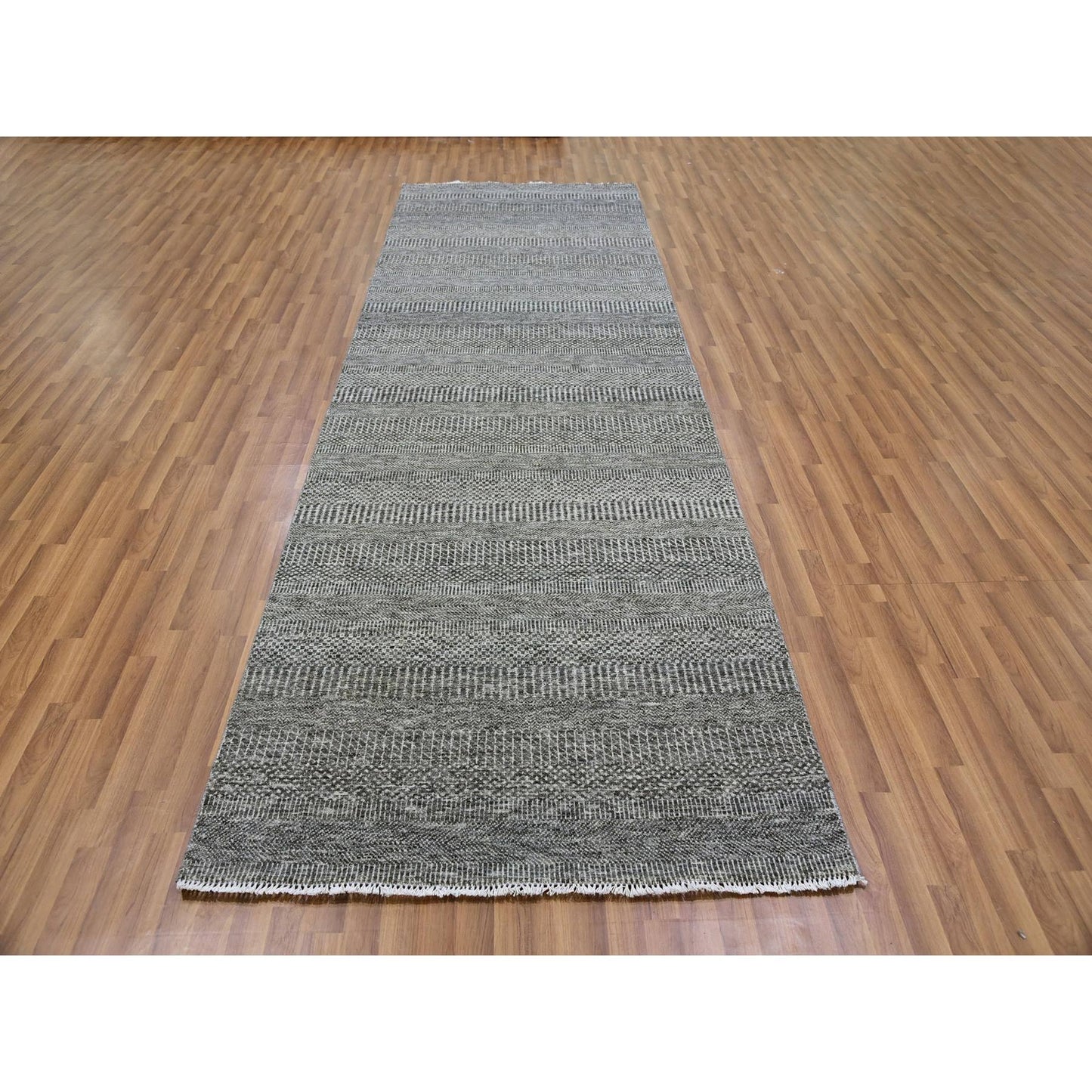 4'1"X12'1" Gray Grass Design Undyed Wool Hand Knotted Wide Runner Rug
