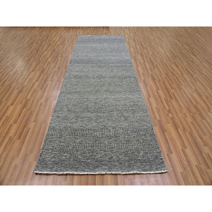 4'1"X12'1" Gray Grass Design Undyed Wool Hand Knotted Wide Runner Rug