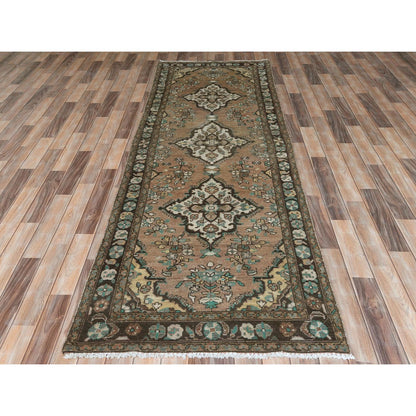3'3"X10'4" Brown Vintage Farsian Worn Wool Hand Knotted Runner Rug