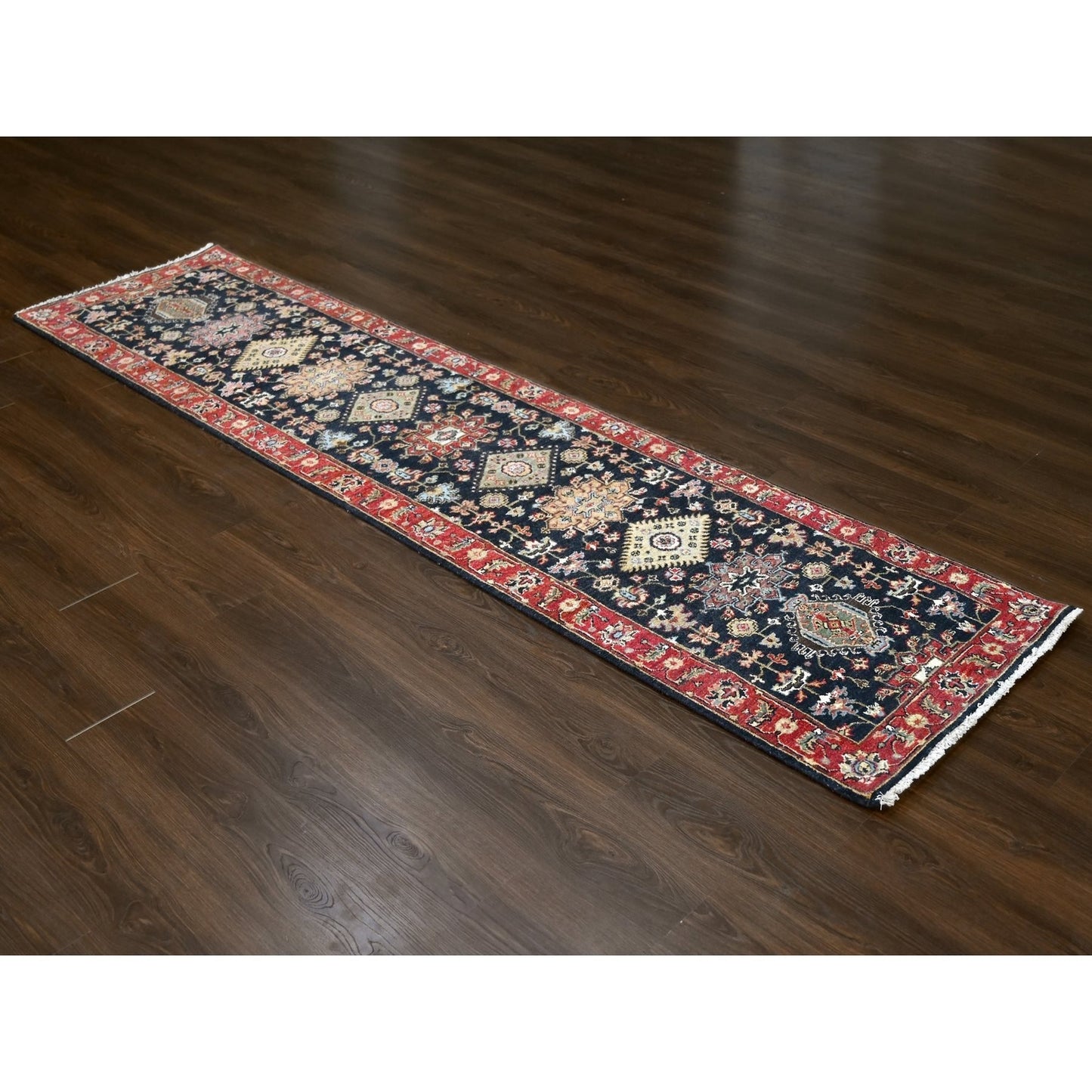 2'7"X10'1" Black Organic Wool Hand Knotted Karjihooz Design Runner Rug