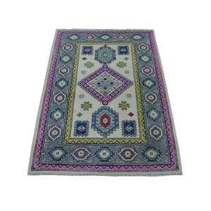 3'2"X4'10" Colorful Ivory Fusion Kazak Organic Wool Hand Knotted Rug