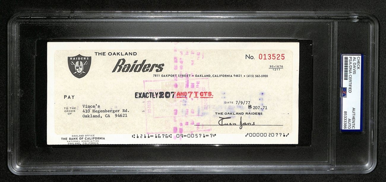 Al Davis Hof Signed/Autographed 8.5X3.5 Bank Check Raiders Psa/Dna 193234