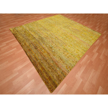 8'X9'3" Golden Brown With Green Modern Design Sari Silk Hand Knotted Rug